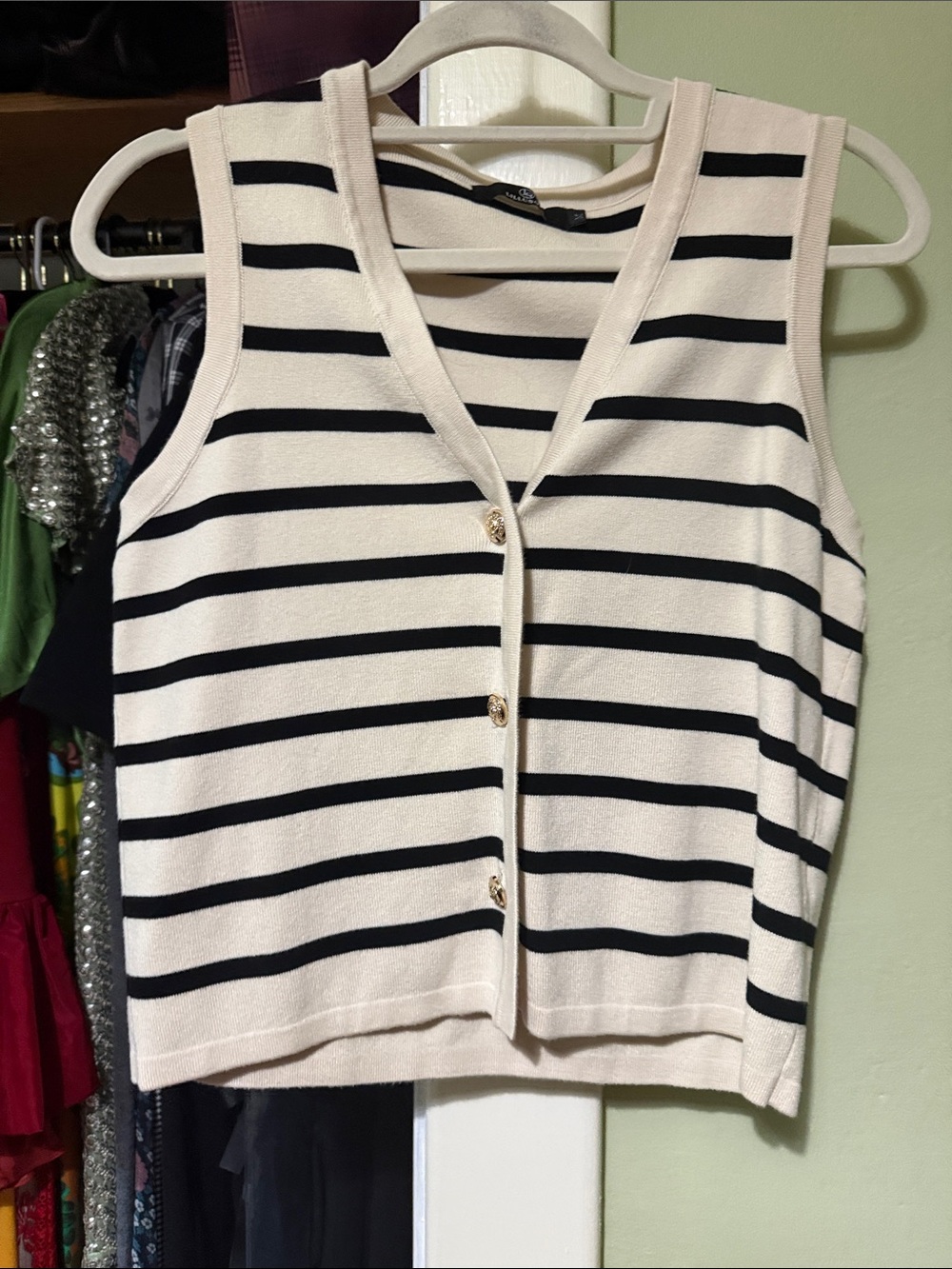 Parisian style sweater vest with gold buttons - Cream & Black